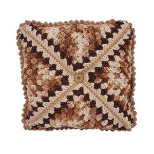 Vintage Handmade Crochet Throw Pillow Button Accent Brown Beige Retro 12x12